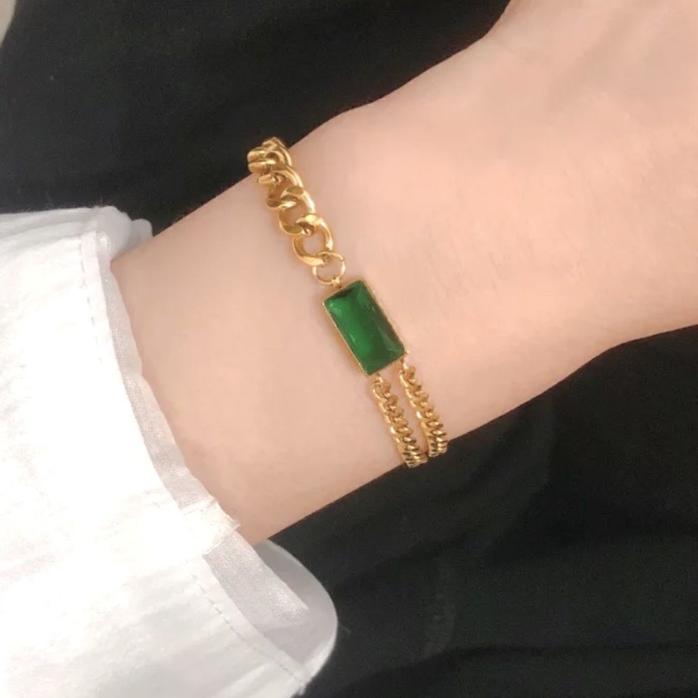 The Champion Bracelet 18K Gold Plated Link Chain w/ Green Gemstone